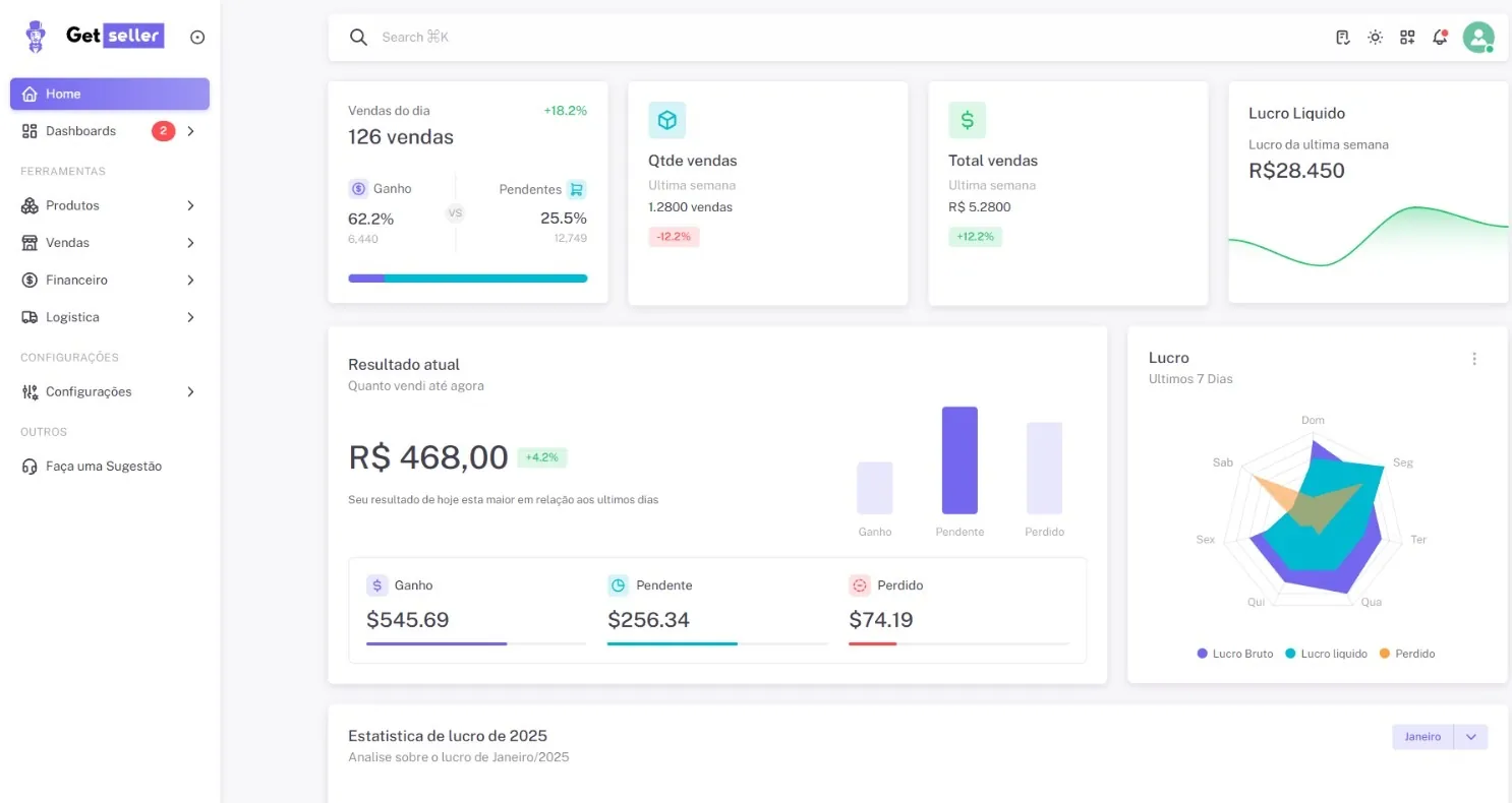 Painel do aplicativo Get Seller — sistema de gestão de vendas